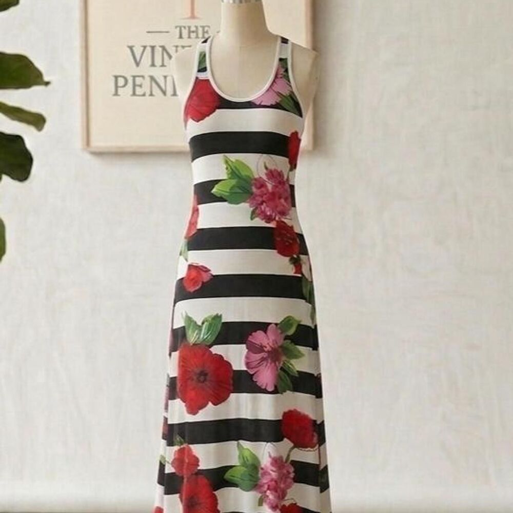 Chelsey Brand Floral black and white striped maxi dress.